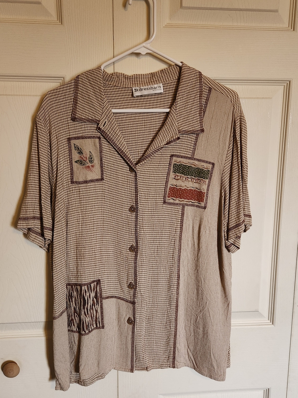 Dressbarn Women's Short-Sleeve Patchwork Beige Shirt